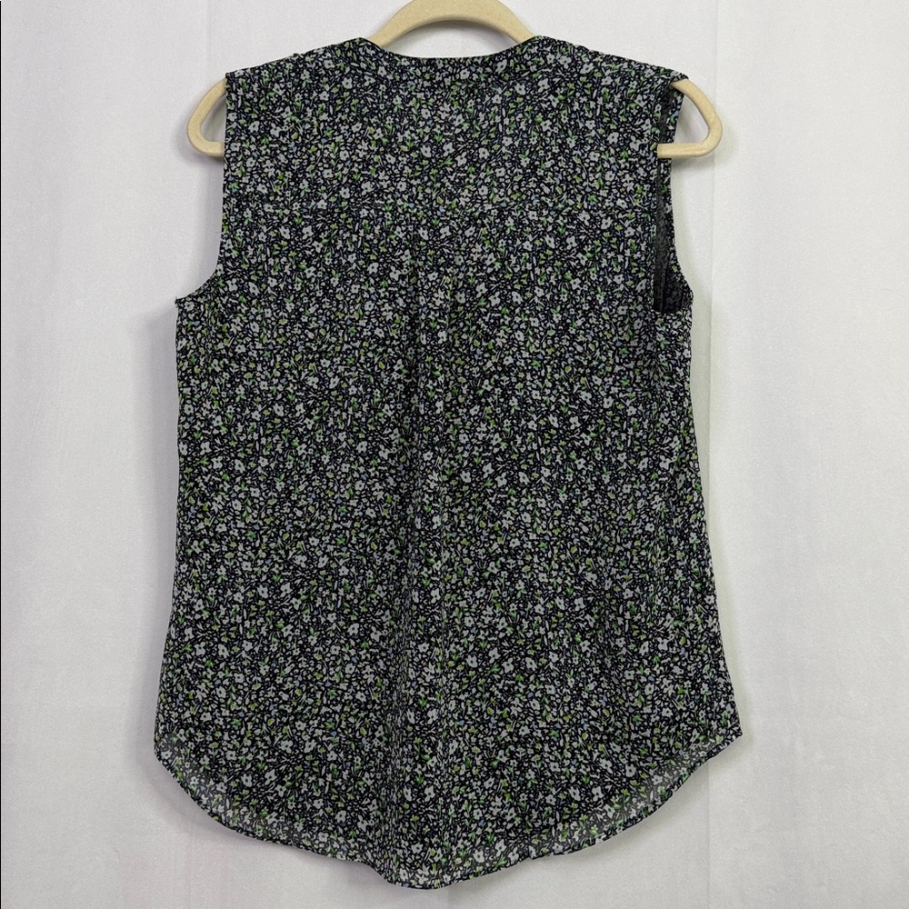 Tommy Hilfiger Navy Blue Floral Ruffle Split Neck Lined Sleeveless Blouse - Picture 5 of 6